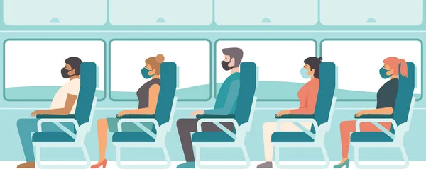 Pasajeros Con Máscaras Médicas Protectoras Que Viajan Autobús Tren Viaje — Vector de stock