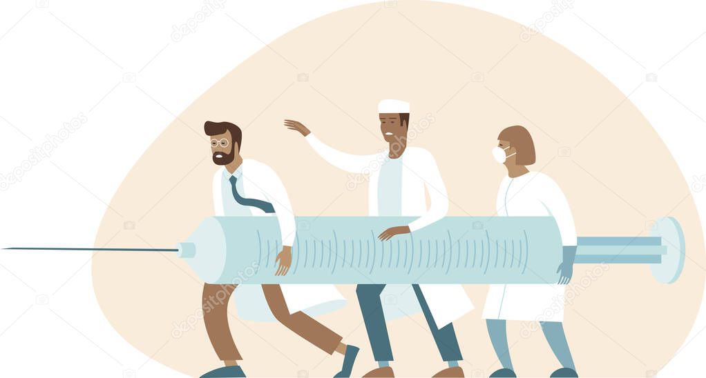 Doctor fighting with coronavirus using vaccine injection. Team of virusologists holding giant syringe. Vaccine and treatment research. Concept vector illustration for covid-19 outbreak