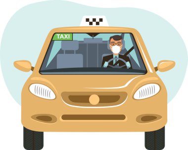 Arabasında koruyucu tıbbi maske takan taksi şoförü ffp3 solunum cihazı ve tek kullanımlık eldivenler var. Coronavirus COVID-19 salgını sırasında güvenli toplu taşıma Düz Vektör illüstrasyonu