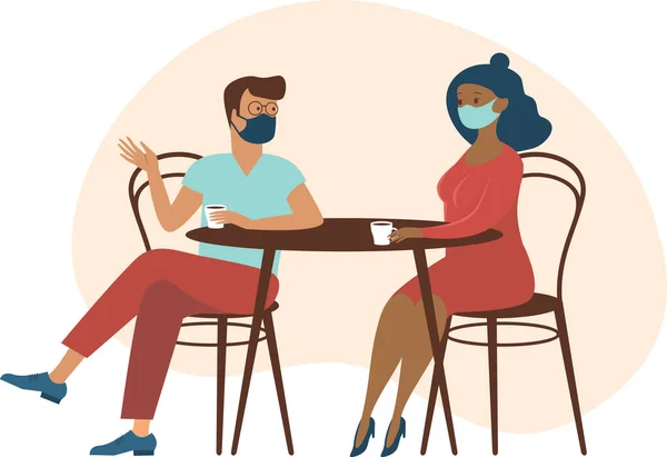 Leuk Stel Met Beschermende Medische Maskers Aan Tafel Thee Koffie — Stockvector