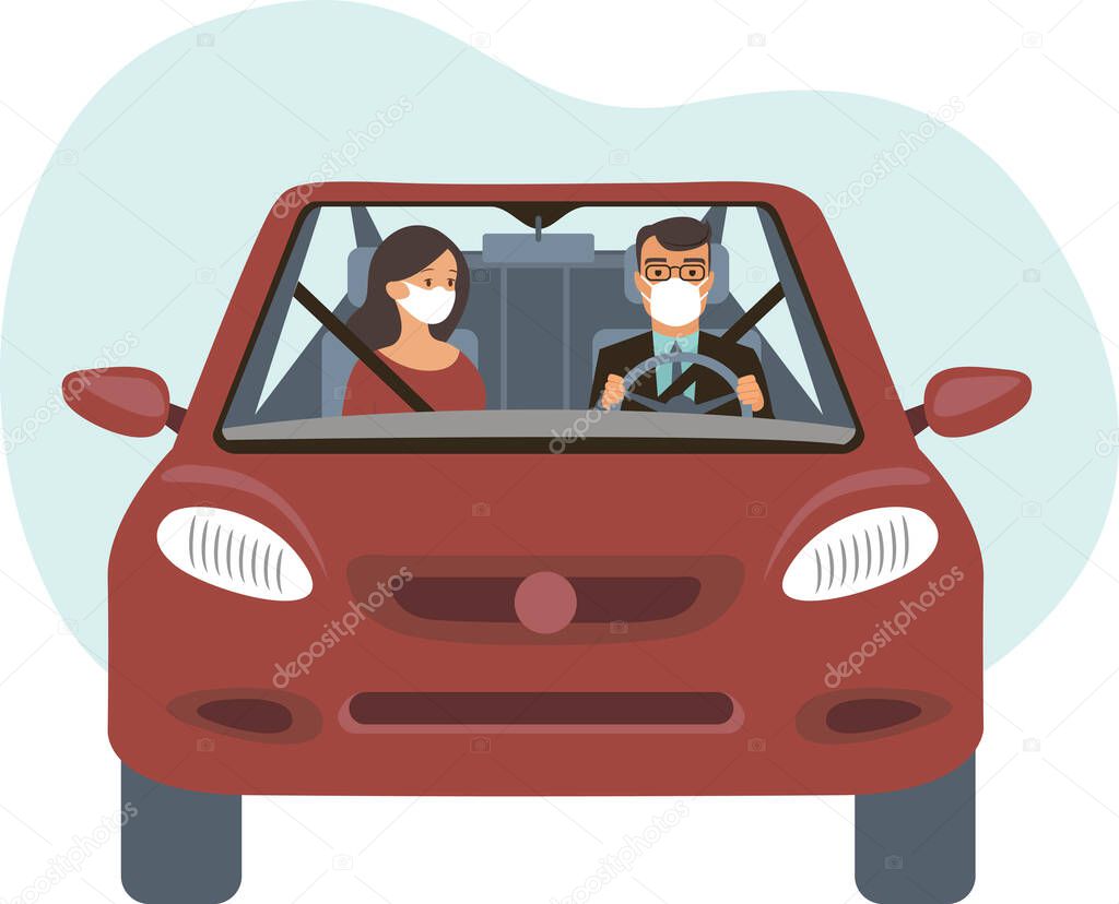 People inside the car wearing protective masks. Travel restrictions on coronavirus COVID-19 pandemic concept flat vector illustration