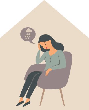 Kadın karakter evde tek başına oturuyor, stres duyguları ve depresyon hissediyor. Koronavirüs karantinasının psikolojik etkisi Düz vektör çizimi
