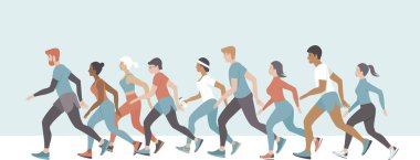 Bir sürü insan koşuyor. Erkekler ve kadınlar koşuyor. Maraton yarışı konsepti. Koşucular ve atletlerle spor ve spor tasarım şablonu. Düz biçim vektör illüstrasyonu