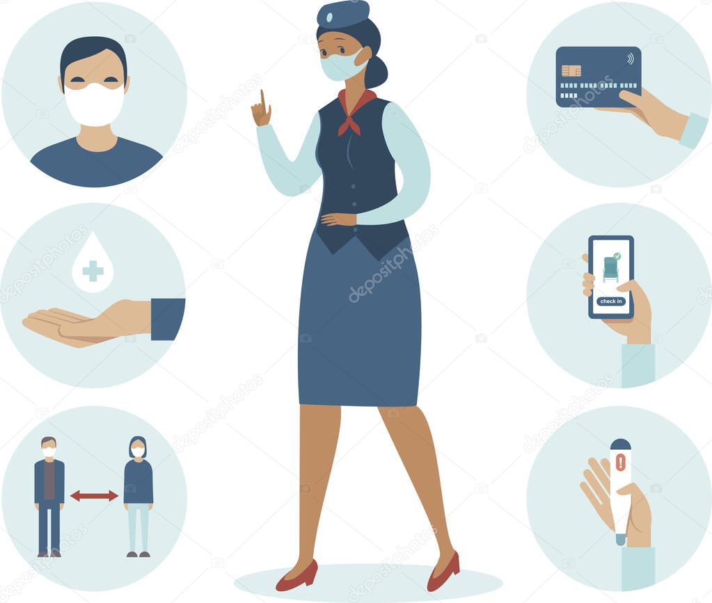 Airport safety guidance for travel by air during pandemic. Icon set for coronavirus COVID-19 outbreak. Stewardess character wearing protective medical mask. Flat vector illustration