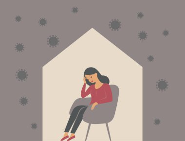 Koronavirüs karantinasının psikolojik etkisi. Evinde yalnız oturan bir kadın stres, duygu ve depresyon hissediyor. Düz vektör illüstrasyonu