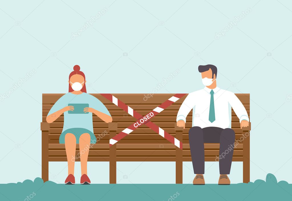 People keep social distance on wooden bench in the park wrapped with red warning tape. due to coronavirus COVID-19 outbreak. Flat vector illustration