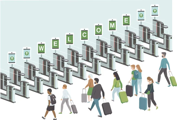Tłum Szczęśliwych Pasażerów Przejeżdżających Przez Elektroniczne Bramy Lotnisku Otwarcie Granic — Wektor stockowy