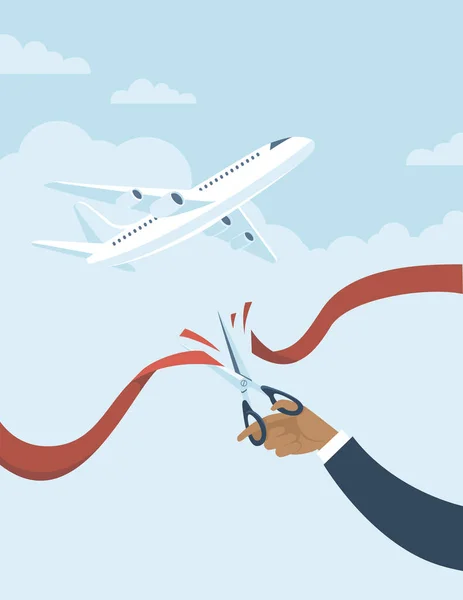 Human Hand Cuts Red Ribbon Start Airlines Flights Again Coronavirus — Stock Vector