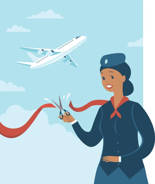 Stewardess Elvágja Piros Szalagot Hogy Légitársaságok Újra Járatokat Indíthassanak Koronavírus — Stock Vector