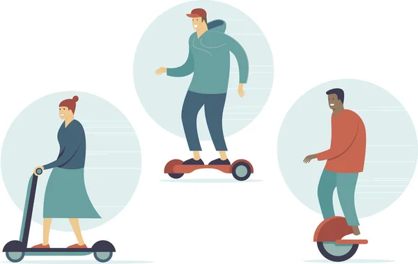 Actieve Jongeren Rijden Persoonlijk Elektrisch Vervoer Elektrische Scooter Hoverboard Mono — Stockvector