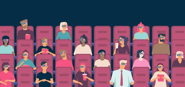 Gente Viendo Películas Sala Cine Comiendo Palomitas Maíz Con Gafas — Archivo Imágenes Vectoriales