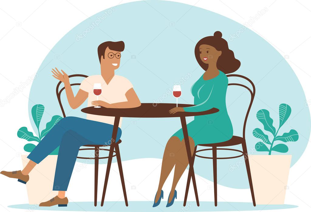 Young multiracial couple spend time in cafe summer terrace talking drinking wine. Flat vector characters.