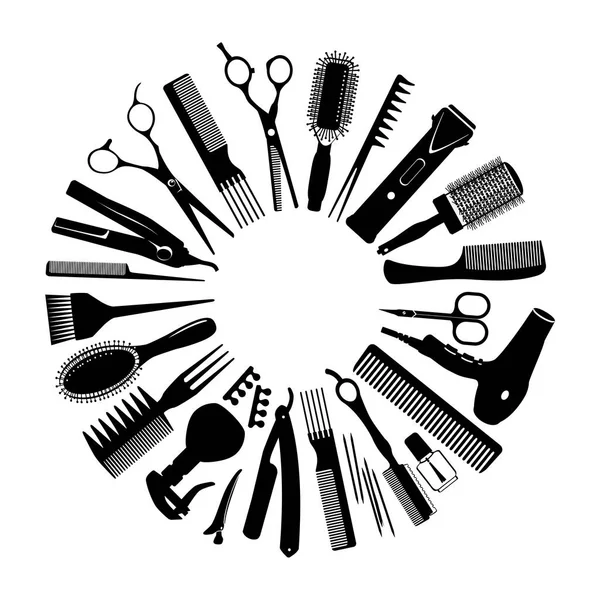 Las siluetas de las herramientas para el peluquero en el círculo — Archivo Imágenes Vectoriales