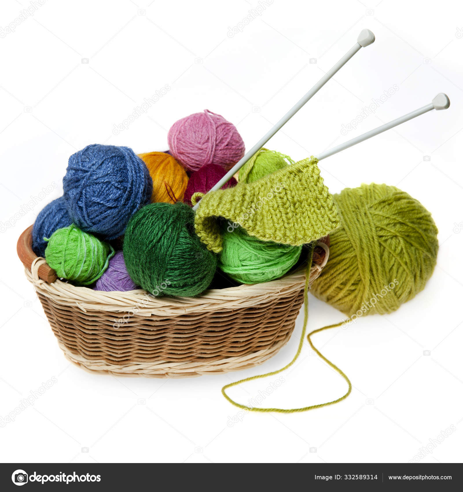 Knitting yarn balls and needles in basket Stock Photo by ©Ziablik 63109799