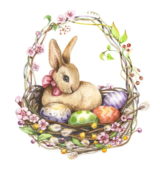 Easter rabbit and Easter eggs in a basket - watercolor iillustration — 스톡 사진