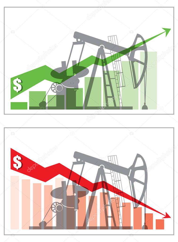 Oil derrick and graph, oil price change concept. Vector illustration