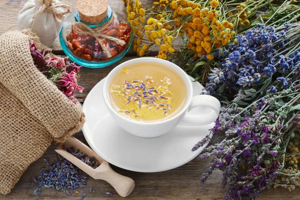 Bando de ervas medicinais, xícara de chá saudável e saco de coneflower seco — Fotografia de Stock