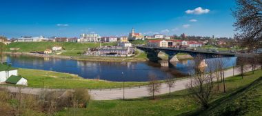 Panoramik şehir Grodno ve Neman Nehri. Grodno şehir, Beyaz Rusya.