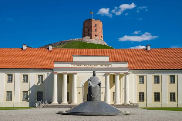 Gevel van de nieuwe arsenal en nationale museum van Litouwen, oude Gediminas toren op achtergrond. Vilnius, Litouwen. — Stockfoto