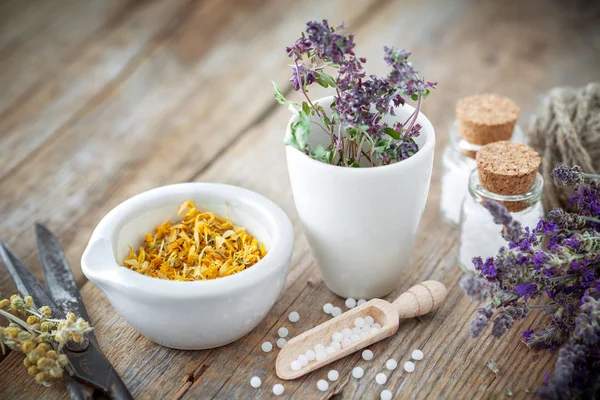 Mortel en kom van gedroogde kruiden healing, flessen van homeopathische bolletjes, schaar en scoop. Homeopathie geneeskunde concept. — Stockfoto