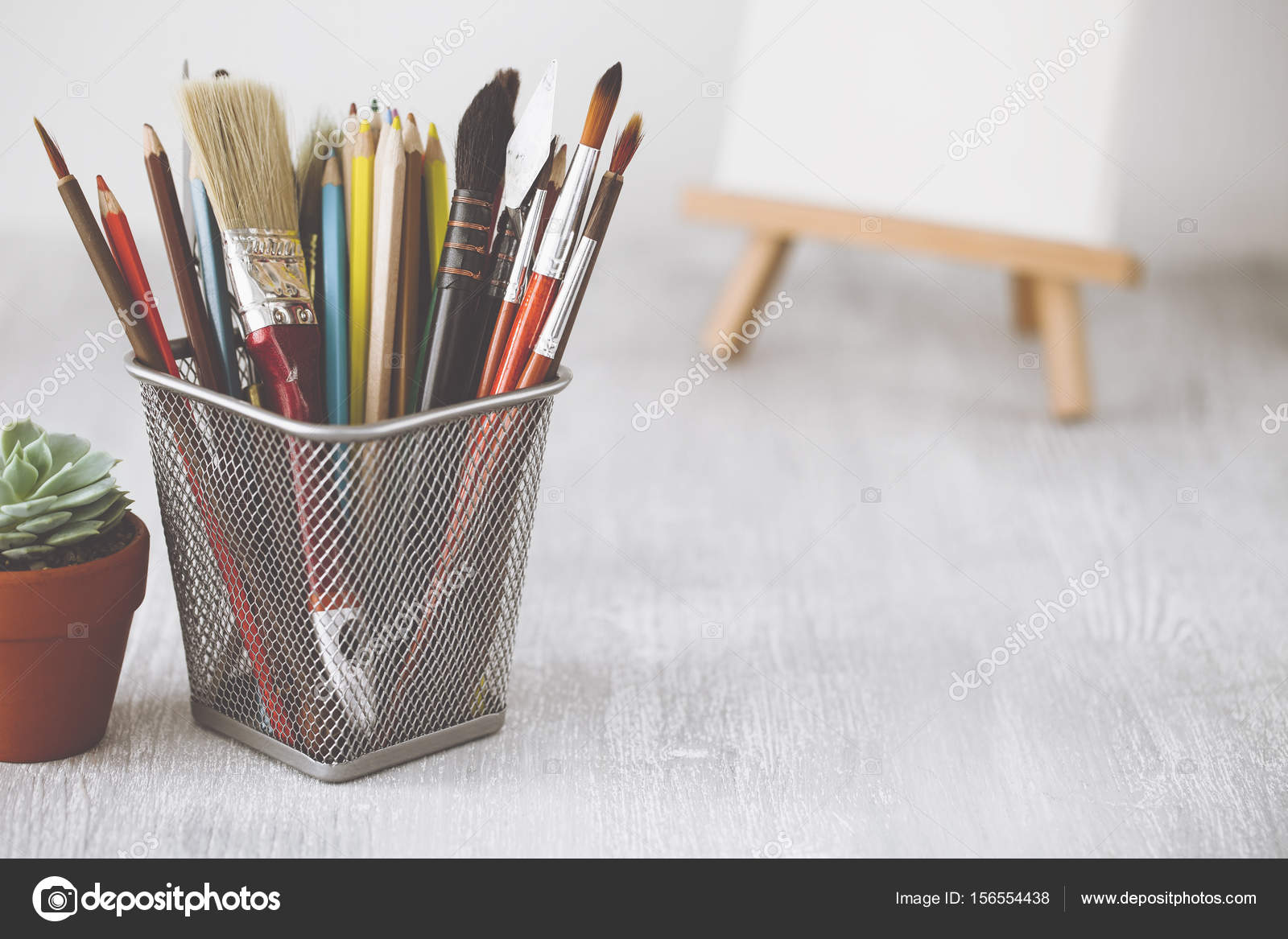 Fashion Artist Table Desk Creative Workspace With Paint Brushes