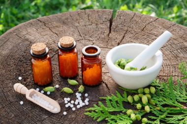 Homeopatik globüller şişe. Mazı (bitki) occidentalis uyuşturucu ve harç. Homeopati tıp kavramı.