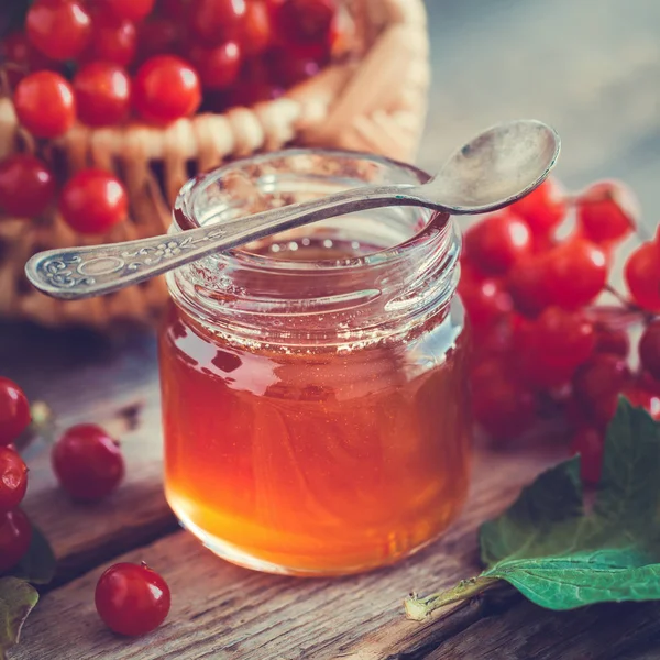 Jar of honey and Guelder rose or Viburnum berries on wooden desk. — Stock Photo, Image