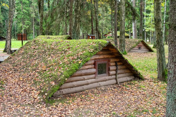 Stankovo village, Belarus - October 08, 2017 - vintage wooden dugouts on the territory of military historical complex Partizanen camp in Stankovo, Minsk Region, Belarus.