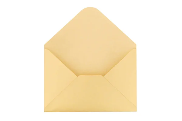 Envelope de papel amarelo aberto isolado sobre fundo branco . — Fotografia de Stock