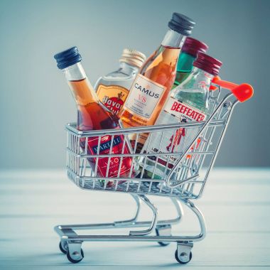 Minsk, Beyaz Rusya - 16 Ocak 2018: llustrative mini alışveriş sepeti küçük alkol şişe - Jameson viski, konyak Camus ve Martell, Havana club ROM, Beefeater cin tam editoryal fotoğrafı.