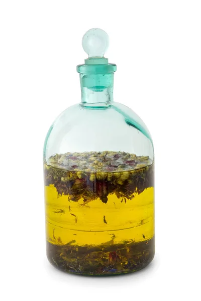 Tinktur oder ätherisches Öl Flasche auf weiß. pflanzliche Medizin. — Stockfoto