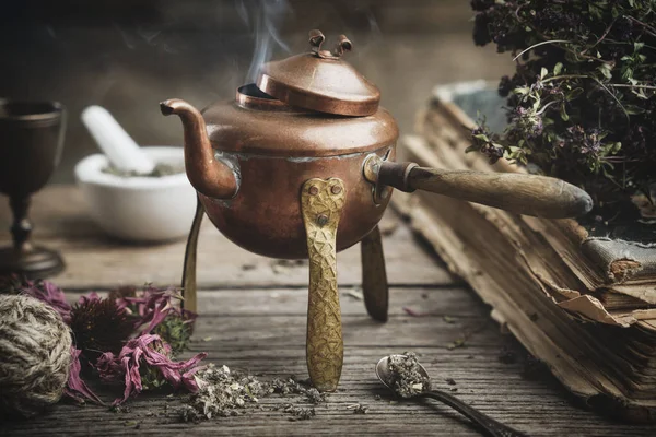 Old antique boiling teapot, dry coneflowers, old books and medicinal herbs. — Stock Photo, Image