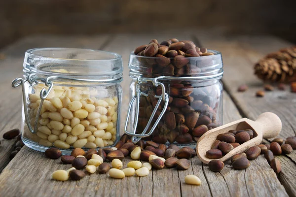 Pine Nuts Jars Cedar Pine Nuts Table — Stock Photo, Image