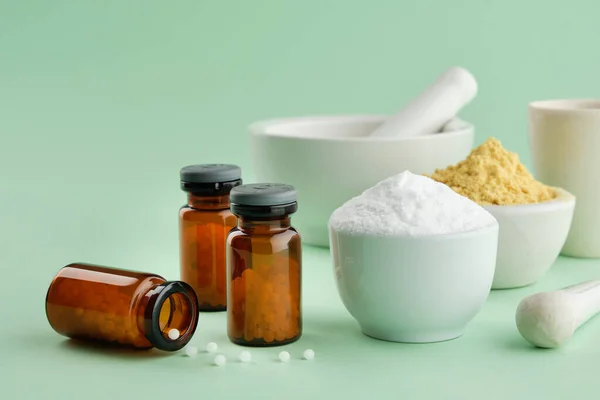 Flessen Homeopathische Geneesmiddelen Minerale Ingrediënten Stoffen Voor Bereiding Van Homeopathische — Stockfoto