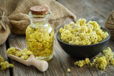 Helichrysum arenyum infüzyon şişesi ve cüce sonsuza kadar veya ahşap masada kurumuş siyah kasede kurutulmuş çiçekler. Arkaplanda tuval var..