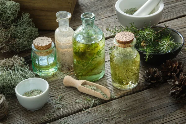 Tinture Sane Bottiglie Olio Licheni Muschi Ginepri Pigne Tavola Legno — Foto Stock