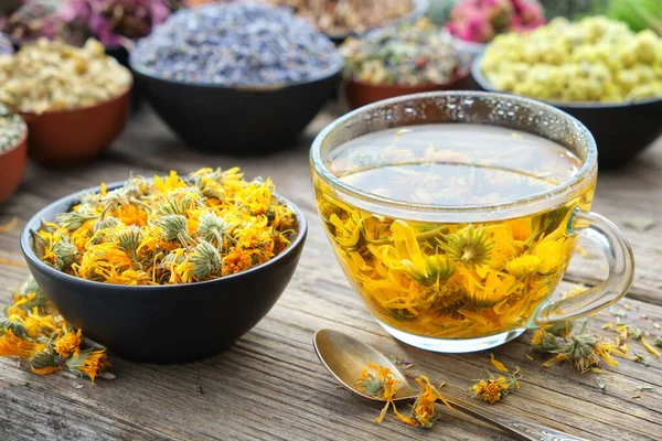 Cup Healthy Marigold Tea Calendula Flowers Bowl Medicinal Herbs Lavender — Stock Photo, Image