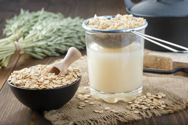 Ingredients Process Making Oats Milk Oatmeal Beverage Home — Stock Photo, Image