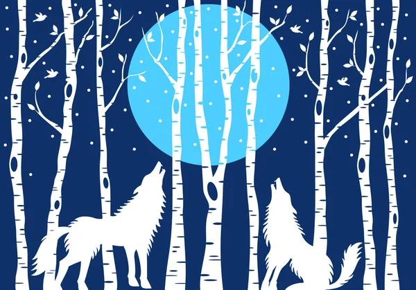Howling wolf with birch trees, vector — Stock Vector