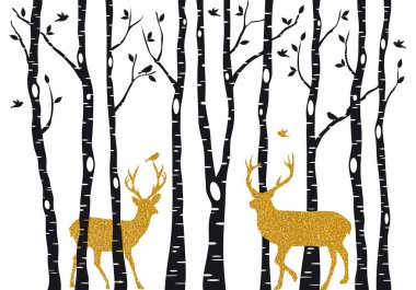 Altın Noel reindeer ağaçlarıyla huş ağacı, vektör