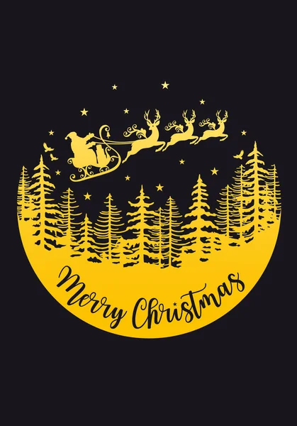 Weihnachtsmann mit Rentier und Schlitten, Weihnachtskarte mit Goldvektor — Stockvektor