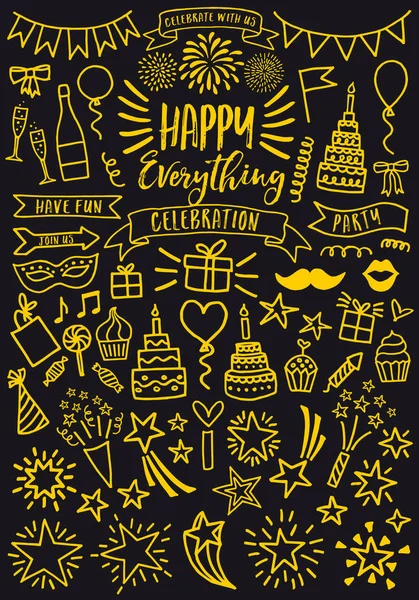 Celebration, party, gold doodles, vector set — ストックベクタ