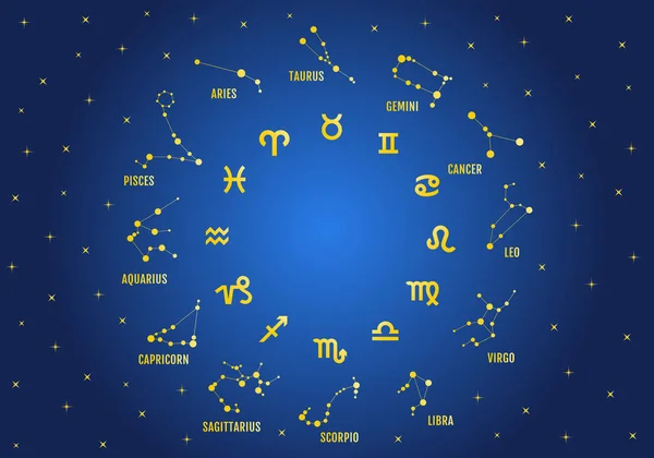 Signos de oro del zodíaco en el cielo azul — Vector de stock