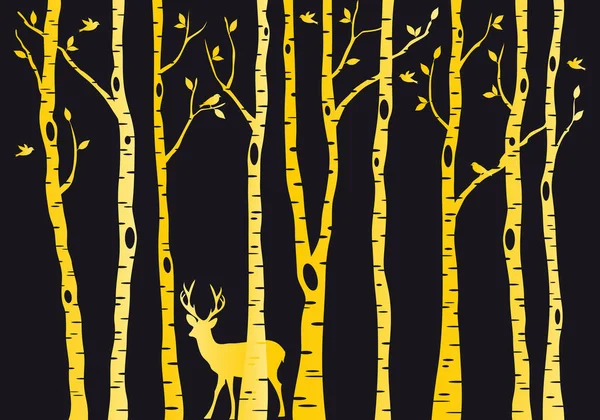 Árboles de abedul dorado con ciervo, vector — Vector de stock