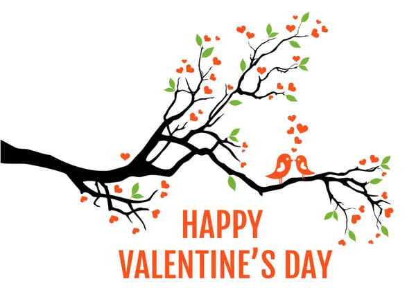 Tree branch with hearts, leaves and love birds, vector illustrat — ストックベクタ