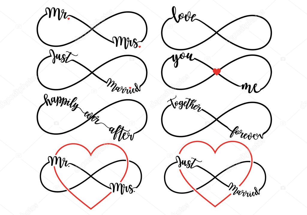 Wedding letterings with infinity sign, vector set