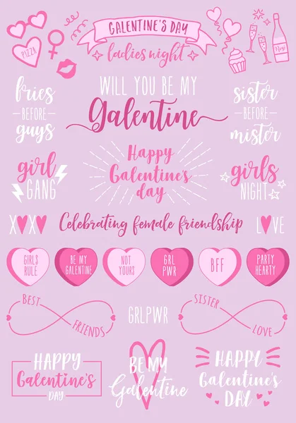 Valentijnsdag, Galentines Day vrouwelijk feest, vectorset — Stockvector