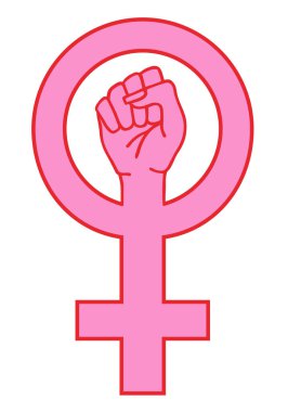 Pink female sign with fighting hand, vector illustration clipart
