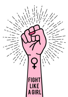 Kadın eli ve kadın işareti, kız gibi dövüş, vektör illüstrasyonu.