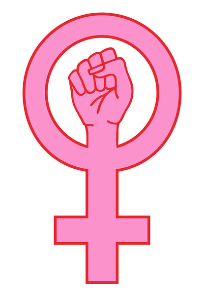 Pink female sign with fighting hand, vector illustration